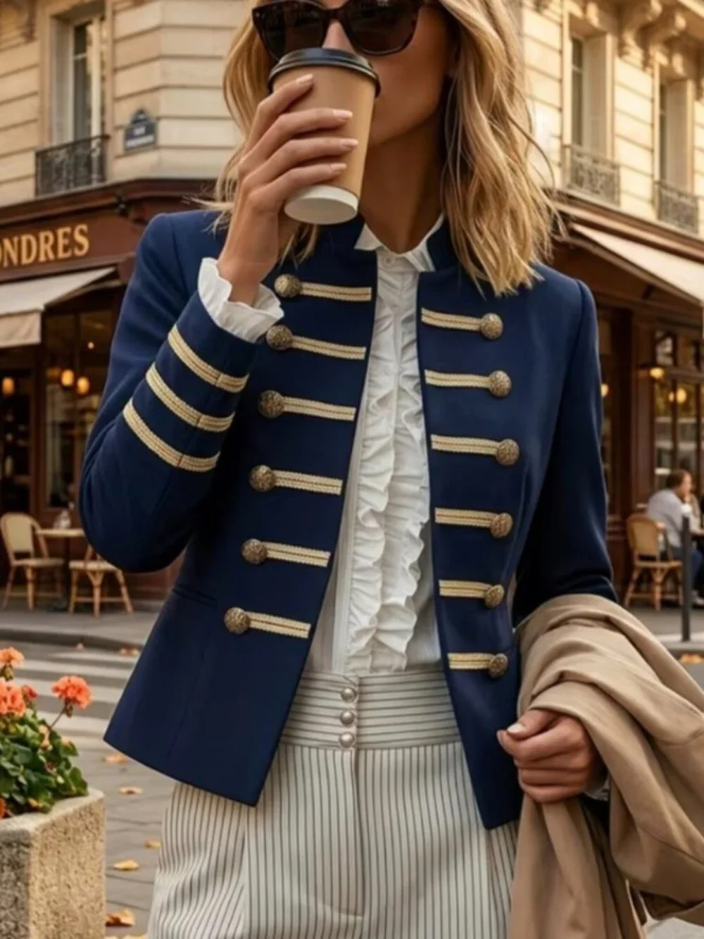 Navy Style Blazer with Golden Striped Buttons Jacket